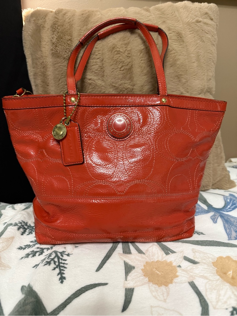 Coach Signature Stitched Patent Leather Tote Coral Orange